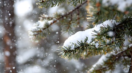 Snowy Pine Branch with Falling Snowflakes