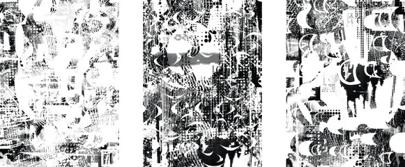 Set of glitch distorted grunge overlay textures. Collection of overlaying textures with halftone dots, scratches and lines .Screen print vector layers pack. Overlays with grunge textured surface