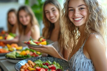 Women, friends and eating fruit in home for bonding, nutrition and happy lunch together. Healthy diet, sharing and wellness, fresh summer food for friendship and girls in kitchen smile, Generative AI