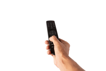 Male hand holding a tv controller isolated no background cutout