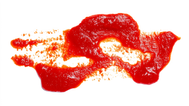 Tomato paste with pieces of vegetables, organic pure texture smeared, isolated on white, top view