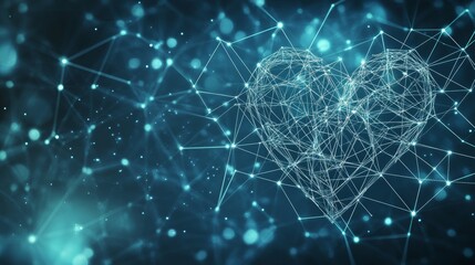 Abstract Polygonal Wireframe Heart Shape on Blue Background Love Science, AI, Medical Technology