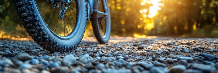 Mountain bike tire gripping gravel, textured surface, dynamic motion blur of a winding trail behind, rugged outdoor adventure scene
