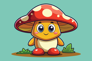 A happy mushroom character with a large red cap enjoys a sunny day among green plants, a cartoon character Mushroom