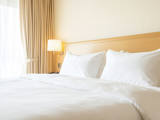 Interior of hotel room with bed and furniture