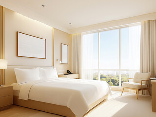 Interior of hotel room with bed and furniture
