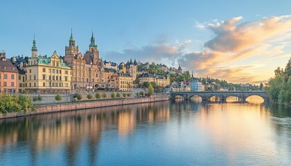 Obraz premium Scenic Waterfront Cityscape at Sunset, Cultural Elegance of Europe Travel Destination