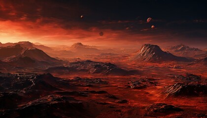 Naklejka premium A barren, alien landscape featuring red rocky terrain and multiple moons in the sky. The desolate environment and striking colors create an otherworldly and mysterious atmosphere, perfect for sci-fi
