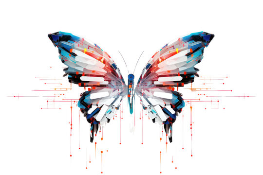 A modern, abstract digital butterfly composed of geometric shapes and neon colors, Isolated on white background