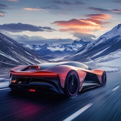 Naklejka premium A sleek sports car driving through a breathtaking mountain landscape at sunset, showcasing speed and luxury.
