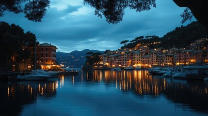 Obraz premium Portofino at twilight, with the lights of the town reflecting on the still waters of the harbor as night falls.