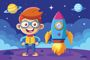 Fototapeta premium A cheerful cartoon character poses confidently next to a bright rocket in a vibrant outer space setting, a cartoon character of a Robot cartoon character
