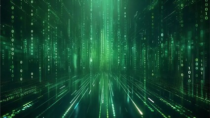  matrix of binary code in green, illustrating a digital landscape of ones and zeros, Generative AI.