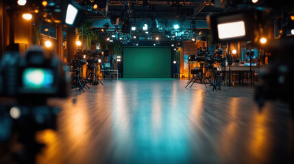 A large green screen studio filled with cameras, lights, and production gear