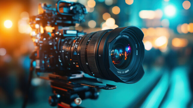 A large professional camera on a dolly track ready for an action scene shoot