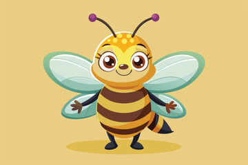 A cheerful cartoon bee character stands happily with outstretched arms on a bright yellow background, a cartoon character of a A charming bee