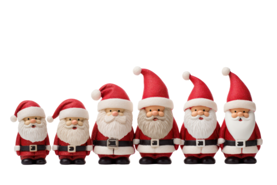 A Santa Claus figure with a fluffy white beard and a red hat, standing next to a stack of holiday gifts, isolated on a stark white background