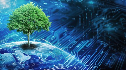 A green tree growing on Earth against a blue technology background. The green tree symbolizes life and growth. The Earth provides a foundation