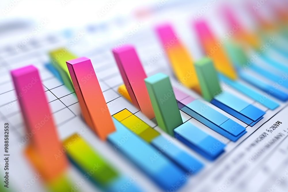 Poster colorful data visualization with 3d bars representing statistical trends and comparisons in business