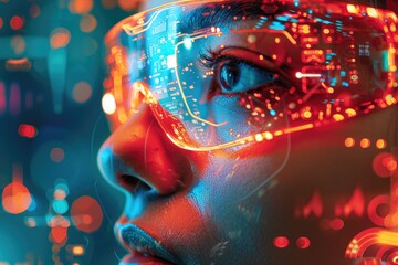 Futuristic Technology VR Headset Woman in Digital World