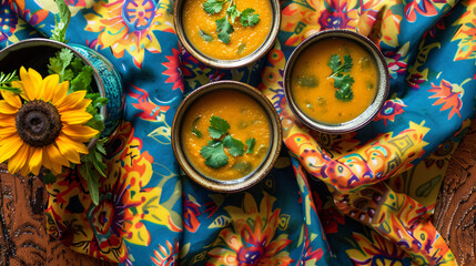 Fototapeta premium Vibrant bowls of carrot coriander soup. Framed by a bright and sunflower-patterned cloth. 