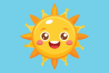 A joyful sun character beams with happiness in a vibrant blue background, a cartoon character of a A happy sun