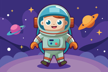 A joyful astronaut character stands amidst colorful planets and stars, embracing the wonders of space exploration, a cartoon character of a Astronaut cartoon