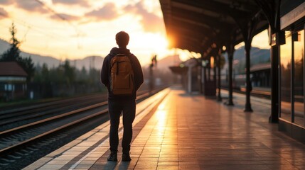 Lone Traveler at Sunset Train Station