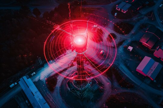 Aerial view of a telecommunication tower sending data at night with a red glowing hud interface