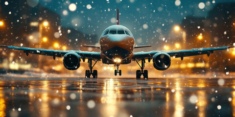 A snow-covered airplane sitting idle on the tarmac, snow continuing to fall, icy wings, cold winter evening