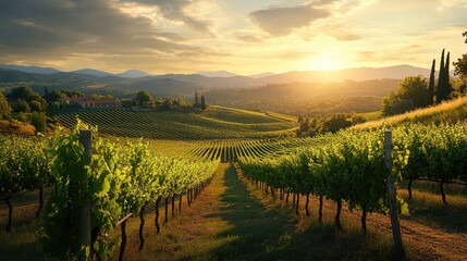 A scenic vineyard nestled in a rolling valley, with neat rows of grapevines stretching towards the distant hills under a warm summer sky.