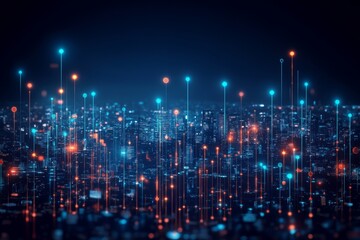 Obraz premium Digital City Skyline with Data Connections, Symbolizing Technology, Innovation, and the Future.