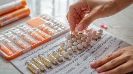 Woman organizing pills on medical prescription, arranging daily dosage