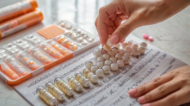 Woman organizing pills on medical prescription, arranging daily dosage