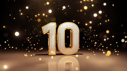 The number "10" in bold metallic font, surrounded by glowing particles and bokeh lights on a dark background