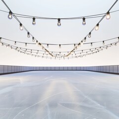 A large ice rink with a lot of lights hanging from the ceiling
