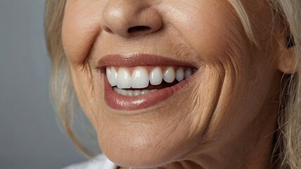 Close-up of smiling senior woman showing perfect white teeth