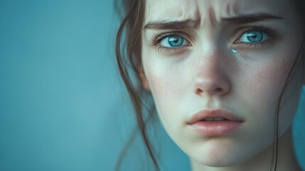 Close-up shot of a sad young woman with heavy eyelids, a single tear trailing down her cheek, surrounded by a muted blue background that enhances her somber expression, with a blank area for creative