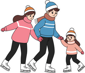 The family is ice skating, Christmas and Winter Illustration