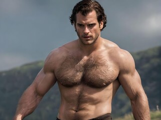 Close-up of Muscular and Shirtless Man with Hairy Chest on The Hills Portrait