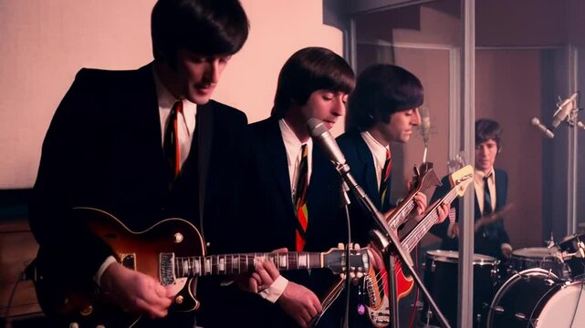 Classic band performing in studio during the 1960s with instruments and energy