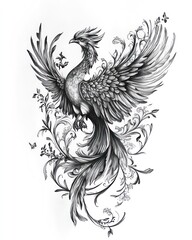 Obraz premium Detailed line drawing of a phoenix rising from intricate floral patterns, symbolizing rebirth and hope.