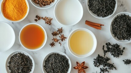Thai tea ingredients, including black tea leaves, condensed milk, and spices, arranged neatly on a table ready for brewing.
