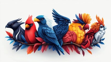 Colorful Birds on Branch Illustration