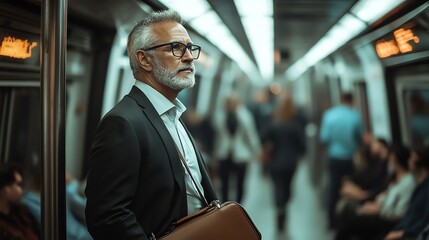 An older man in a suit and glasses is standing on a subway and looking away from the camera.