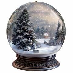 A Christmas snow globe with a houses and trees.