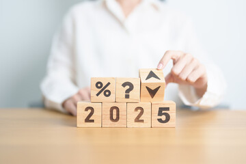 2024 to 2025 New year with questions mark and percentage icon. Interest rate, GDP, stocks market, financial, deflation and Inflation, mortgage, debt, Loan and Economic Recession