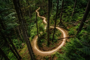 A winding mountain biking trail through dense forest, featuring steep climbs and sharp turns, designed for adrenaline seekers