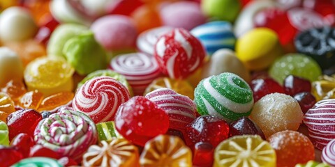 Fototapeta premium Colorful hard candies pile. Small shiny lollipop pile, fruit confectionery group, round sweets candies