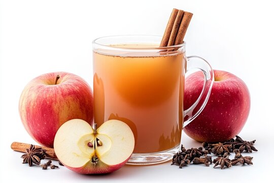 Mug of Spiced Apple Cider with Fresh Apples, Cinnamon Sticks and Star Anise on a White Background
